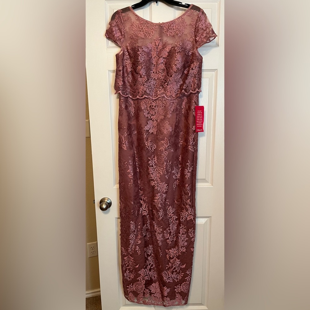 Adrianna Papell embroidered lace popover gown